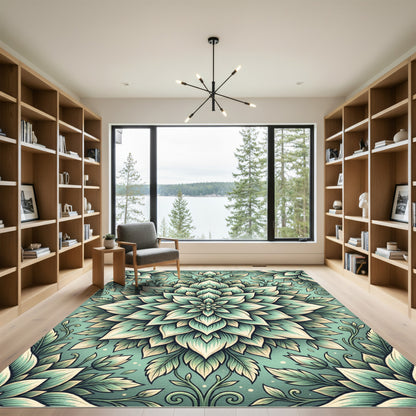 Sage Green Botanical Floral Mandala Rug