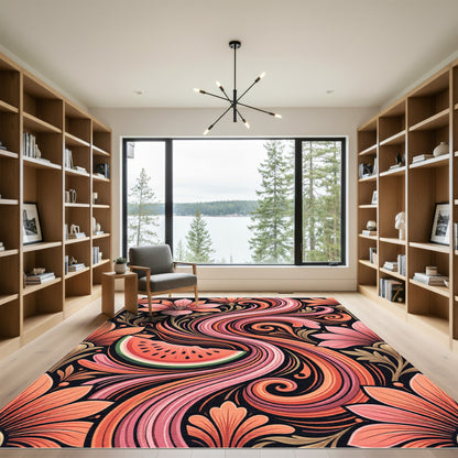 Coral Floral Swirl Watermelon Abstract Rug