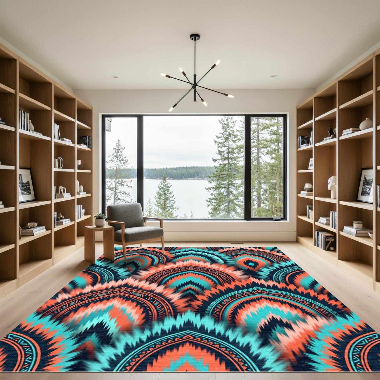 Vibrant Coral Teal Arch Mandala Rug