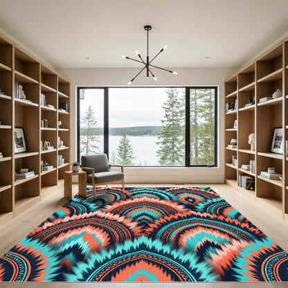 Vibrant Coral Teal Arch Mandala Rug