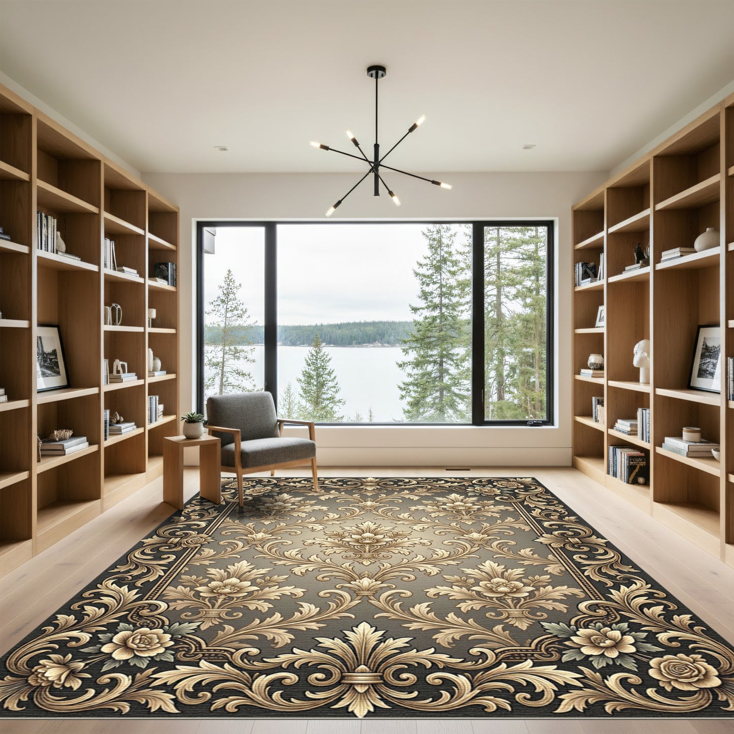 Ornate Gold Floral Damask Border Rug