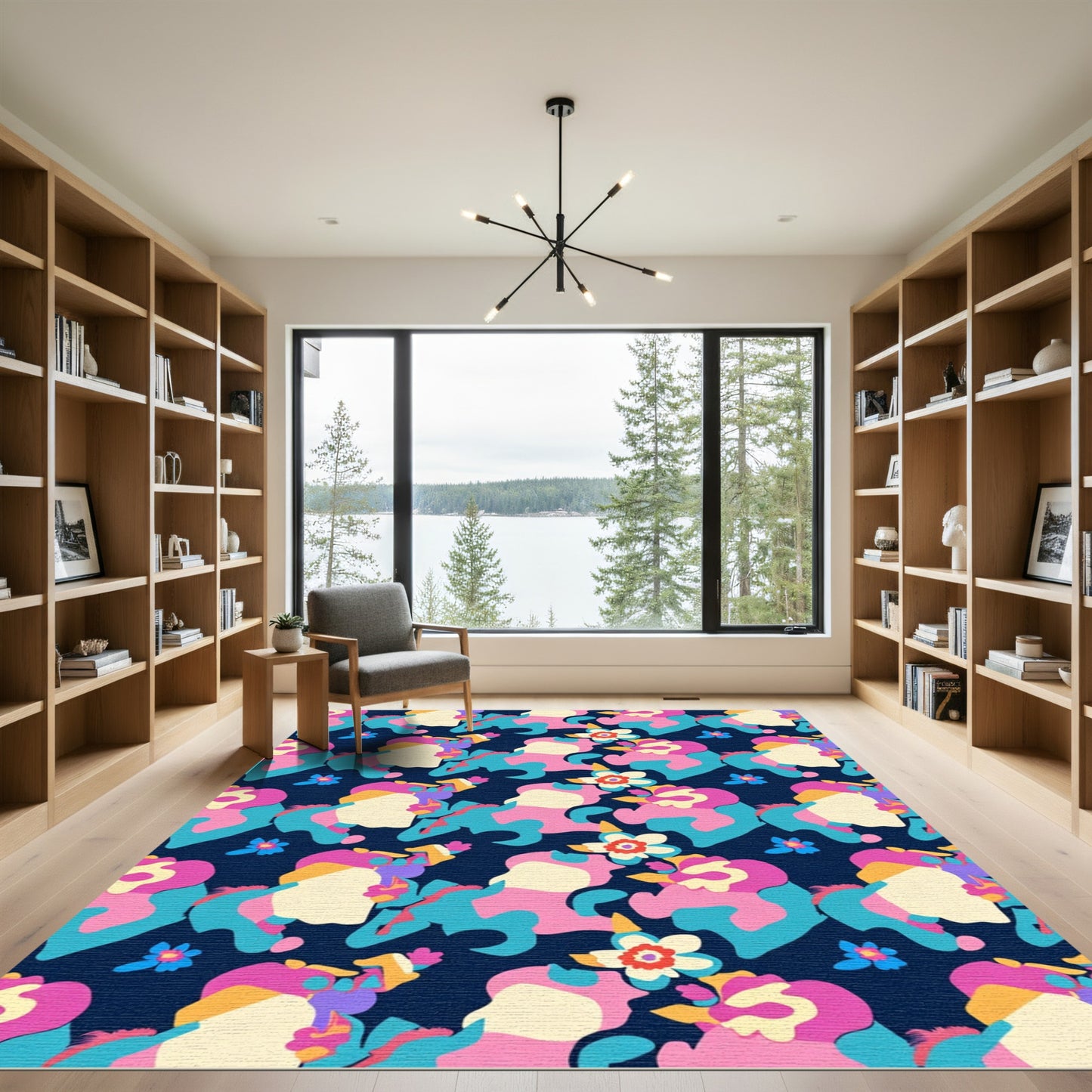 Vibrant Pink Blue Floral Composition Rug