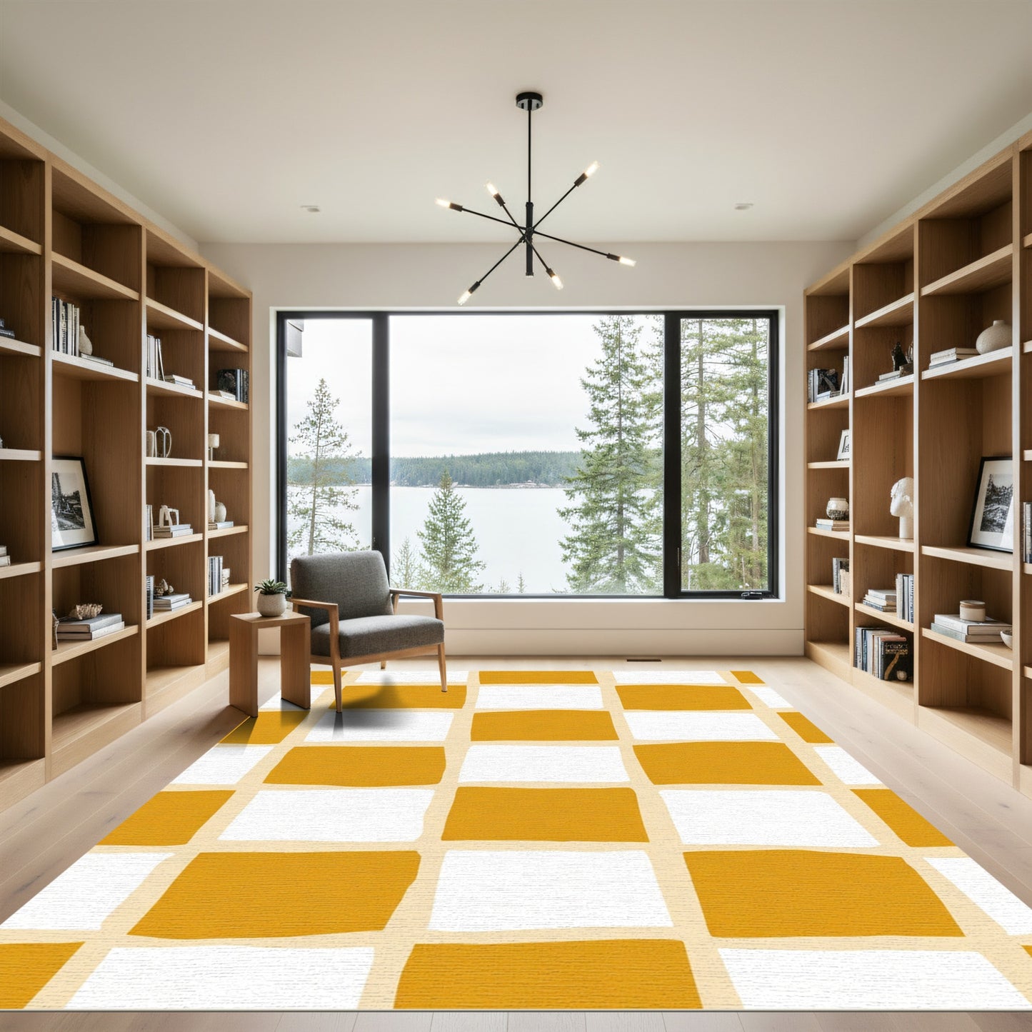 Golden White Grid Checkerboard Rug