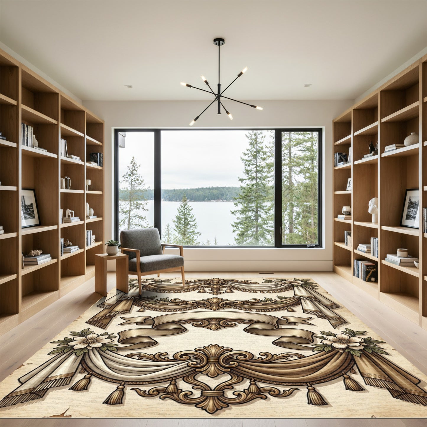 Ornate Golden Draping Floral Scroll Rug