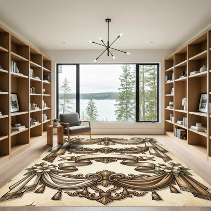 Ornate Golden Draping Floral Scroll Rug