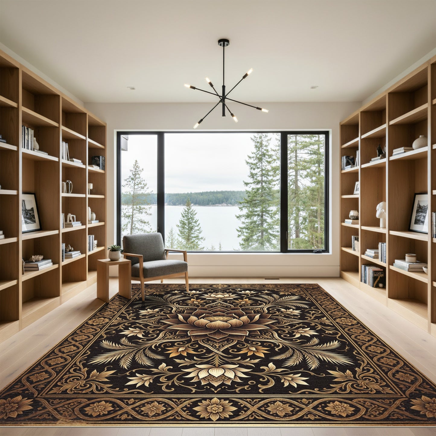 Elegant Golden Lotus Floral Medallion Rug