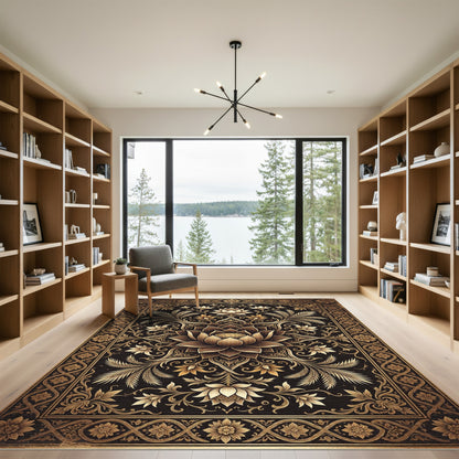 Elegant Golden Lotus Floral Medallion Rug