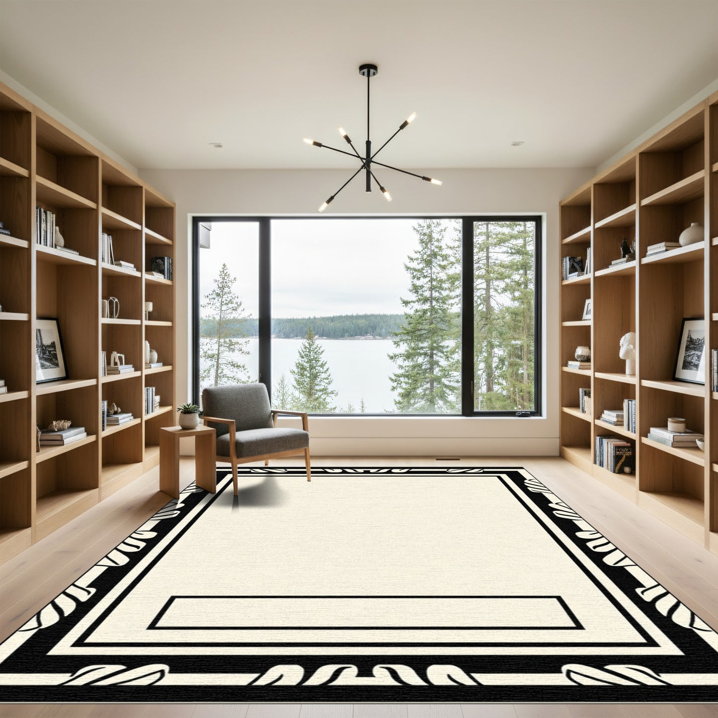 Cream Black Leaf Border Rectangular Rug