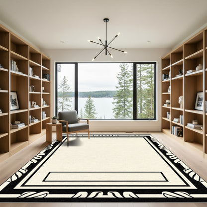 Cream Black Leaf Border Rectangular Rug
