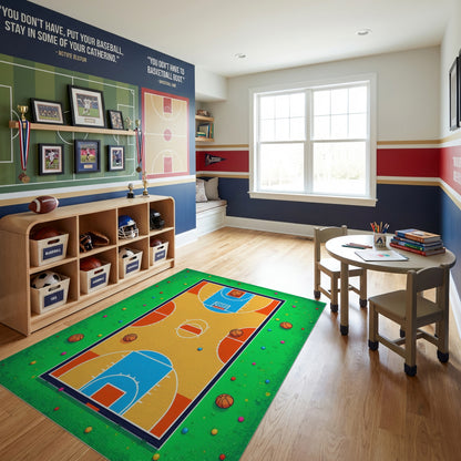 Playful Colorful Basketball Court Grass Rug