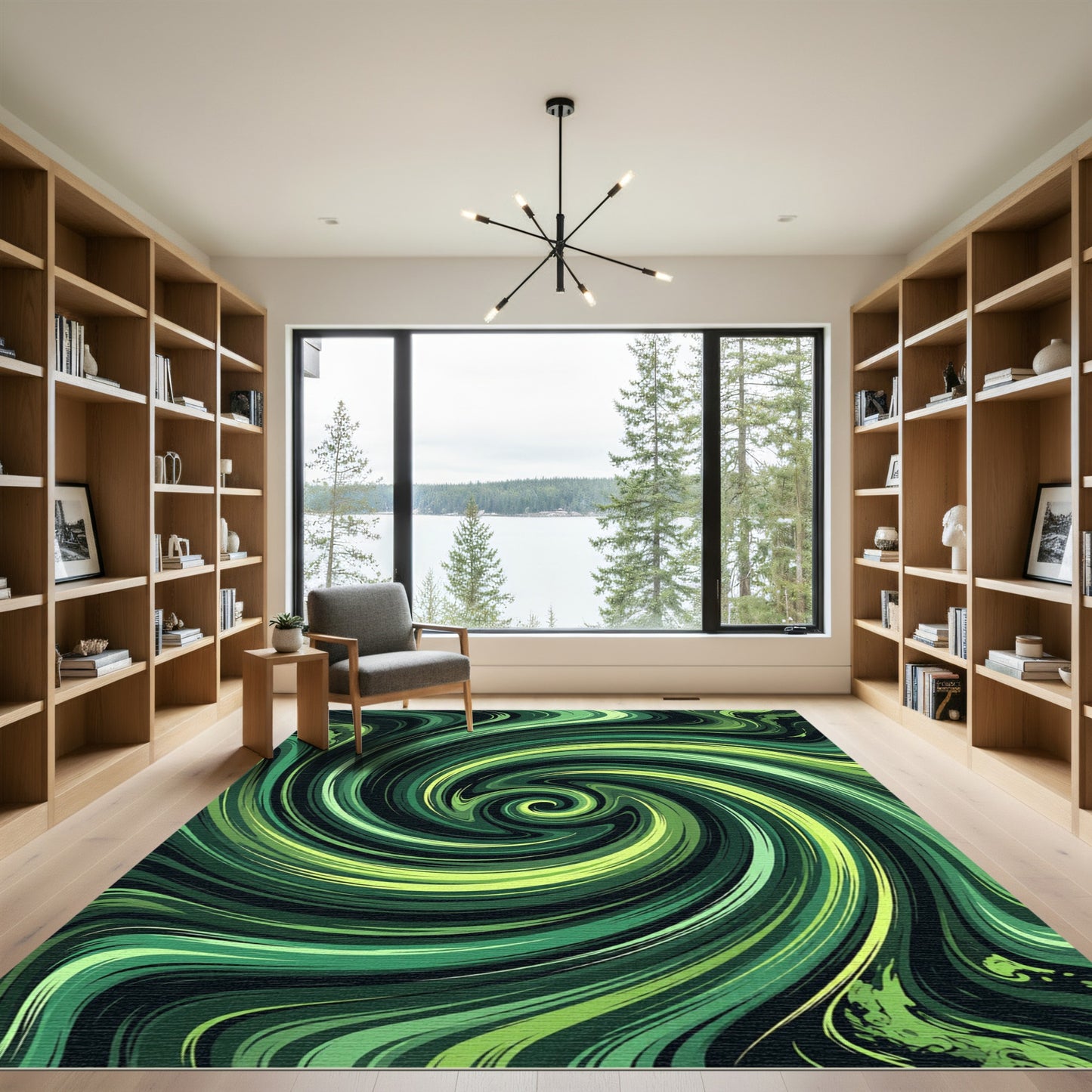Vibrant Emerald Swirling Abstract Vortex Rug