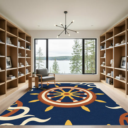 Nautical Ship Wheel Navy Waves Rug