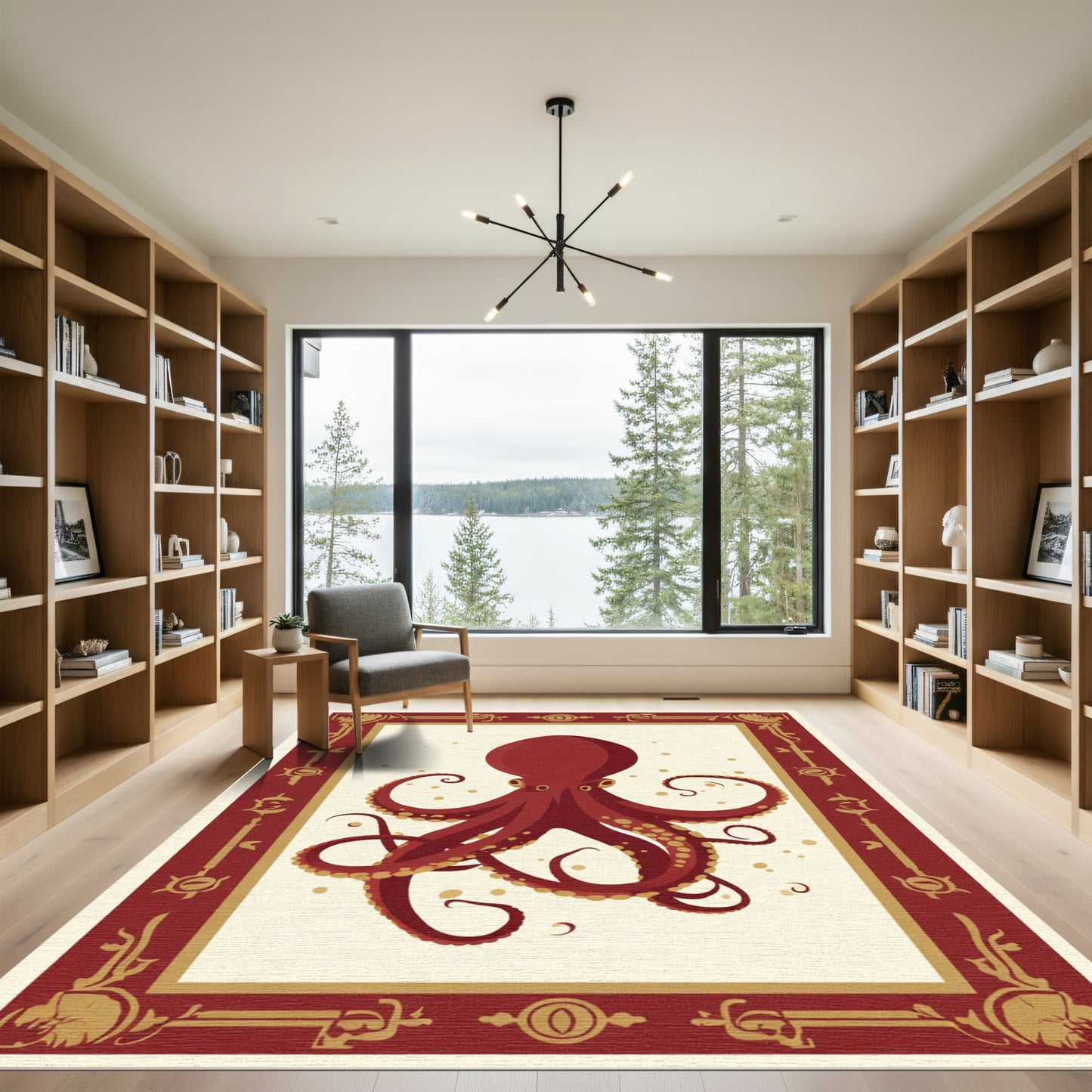 Crimson Octopus Bordered Art Rug