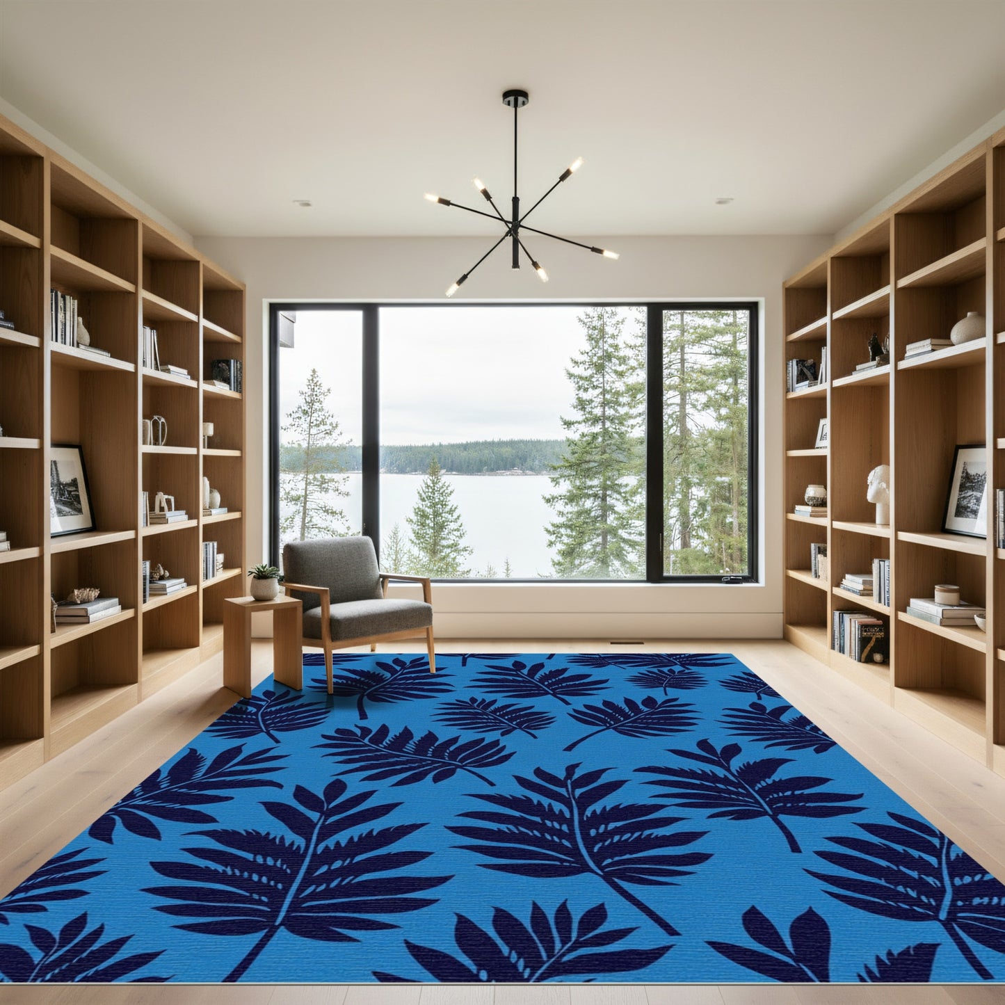 Deep Blue Fern Foliage All Over Rug