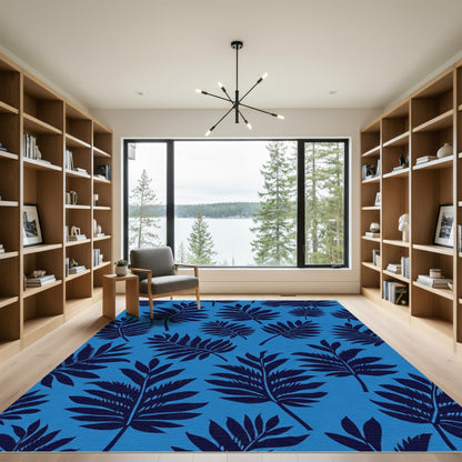 Deep Blue Fern Foliage All Over Rug