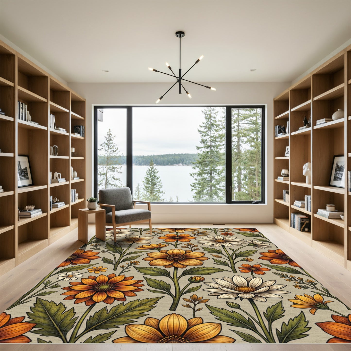 Golden Orange Floral Botanical Print Rug