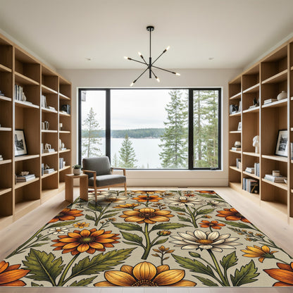 Golden Orange Floral Botanical Print Rug