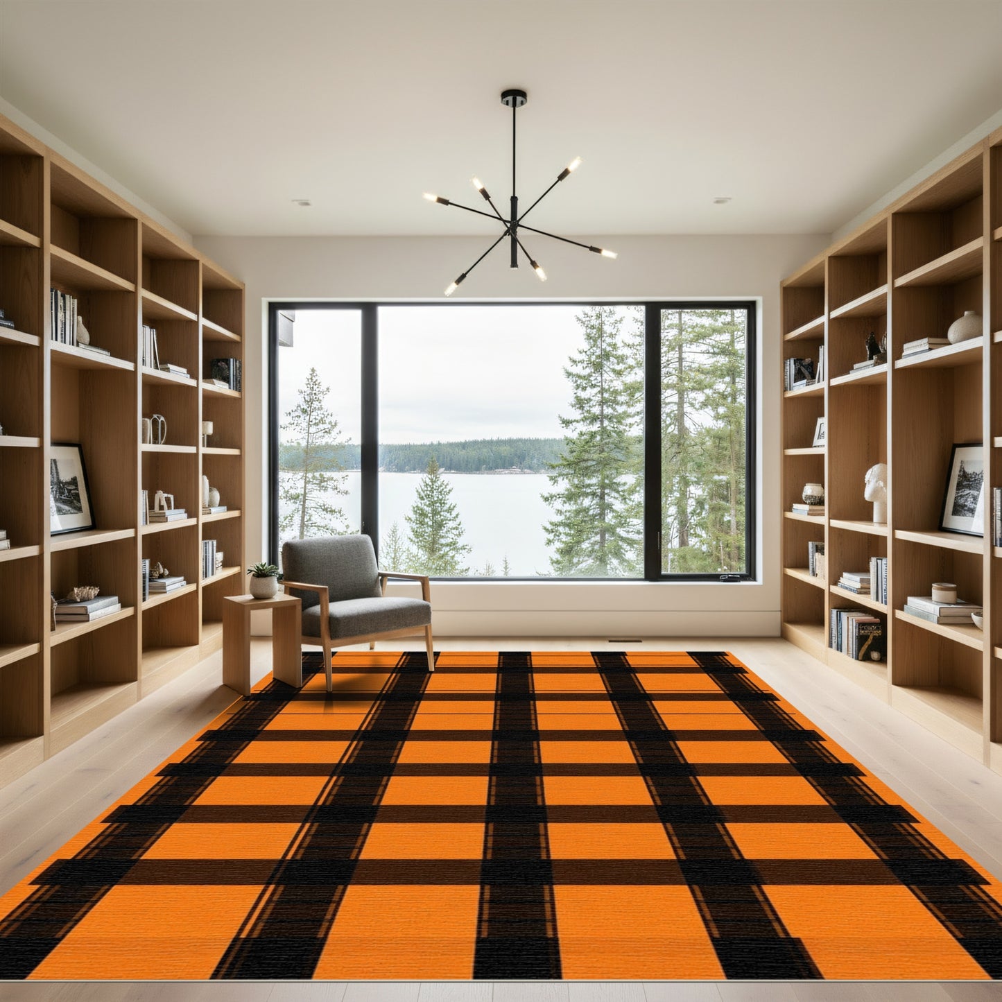 Bold Orange Black Plaid Squares Rug