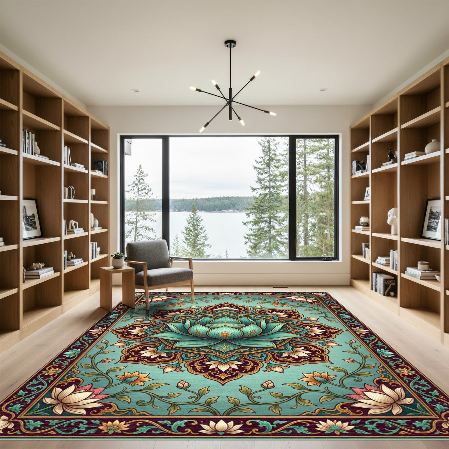 Teal Lotus Medallion Floral Border Rug