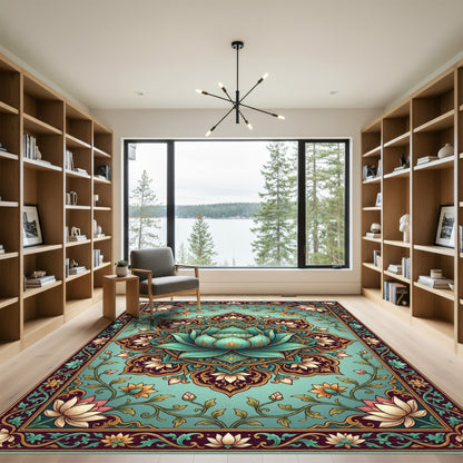 Teal Lotus Medallion Floral Border Rug
