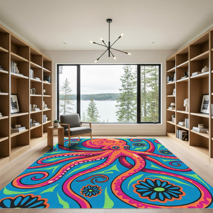 Vibrant Orange Octopus Floral Swirl Rug