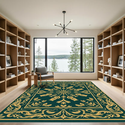 Ornate Teal and Gold Floral Border Rug