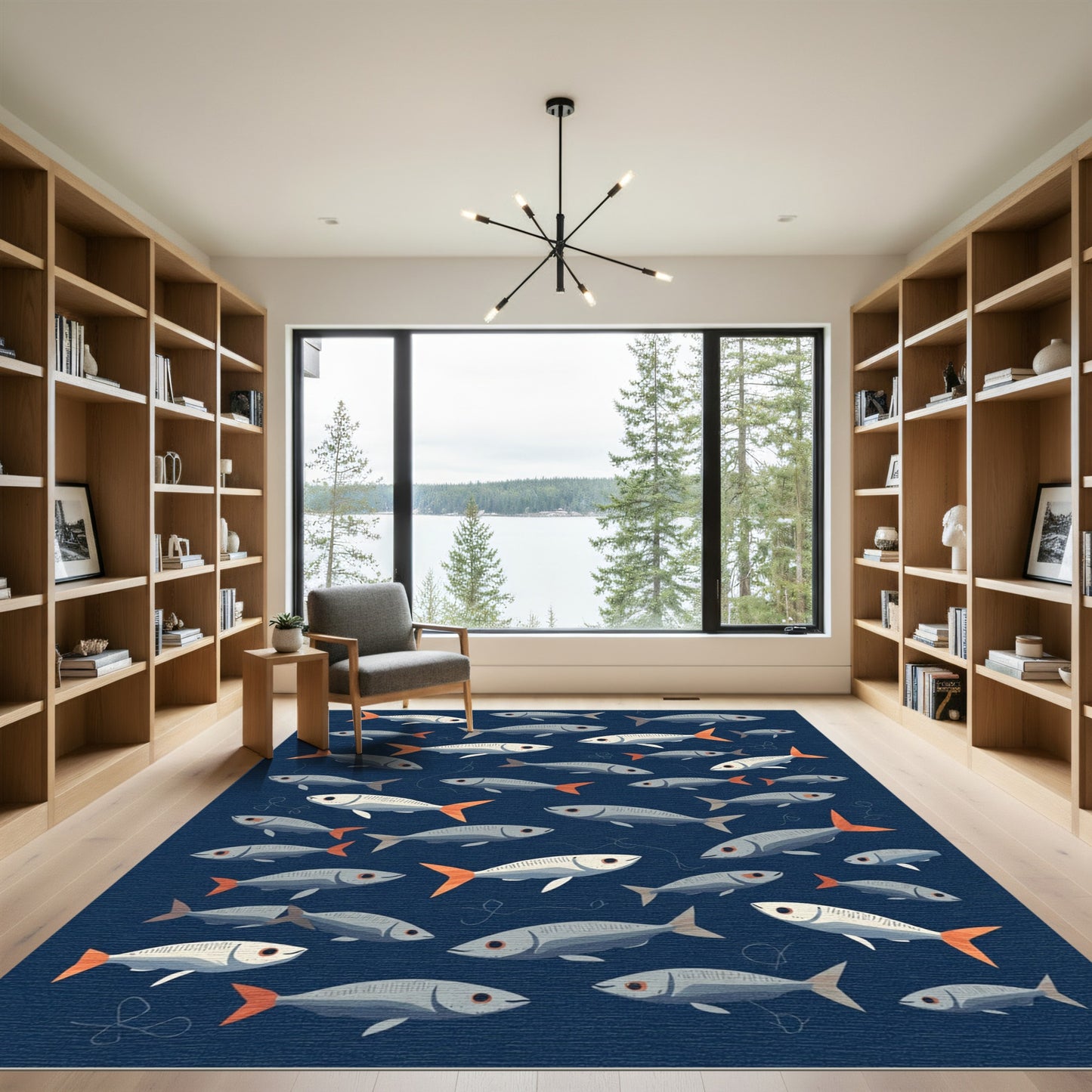 School of Silver Fish Orange Fins Rug