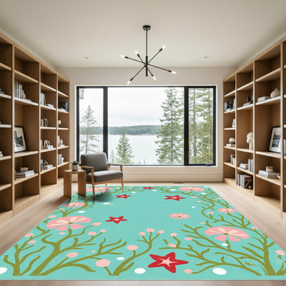 Whimsical Pink Floral Star Garden Rug