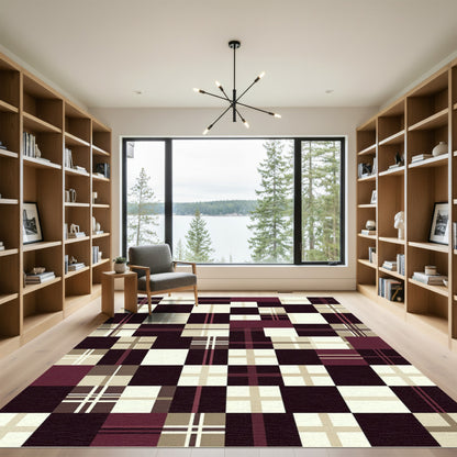 Burgundy Cream Grid Plaid Checked Rug