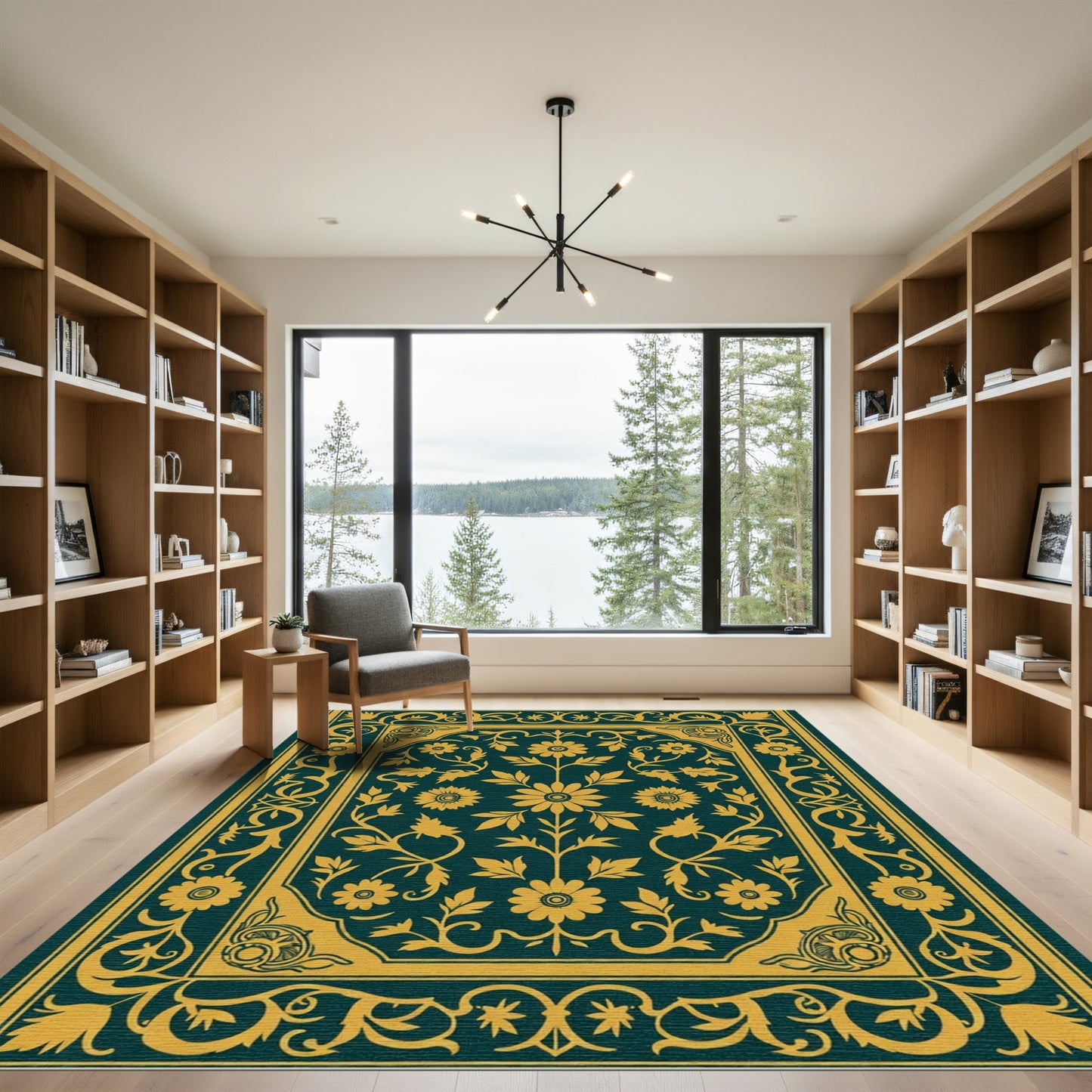 Golden Floral Bordered Deep Teal Rug