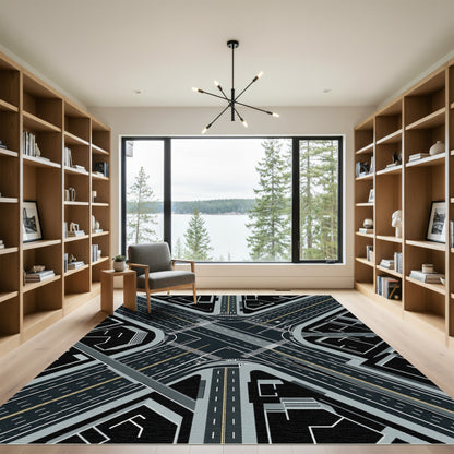 Urban Intersection Gray Black Cityscape Rug