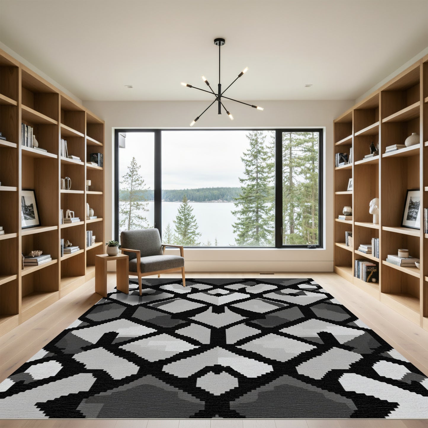 Monochromatic Geometric Interlocking Shapes Rug