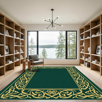 Rich Gold Emerald Leafy Border Rug