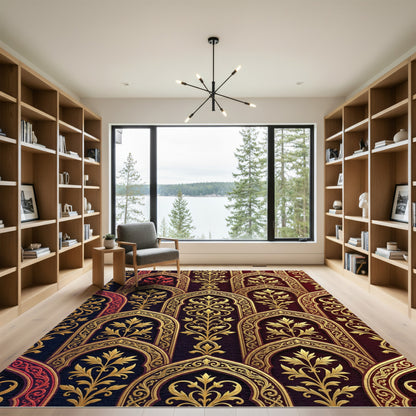 Ornate Gold Archway Red Floral Rug