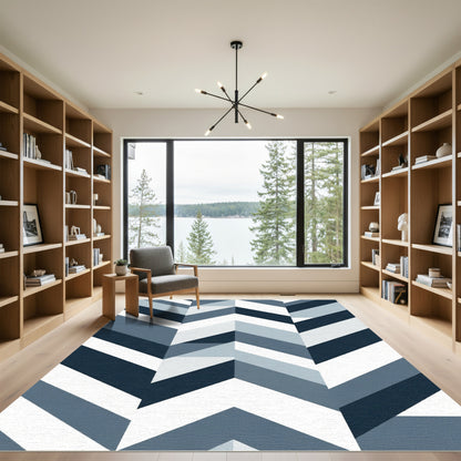 Navy Blue White Geometric Chevron Rug