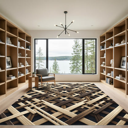 Interlocking Wood Tone Geometric Lattice Rug