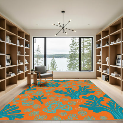 Vibrant Coral Turquoise Branch Pattern Rug
