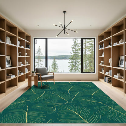 Emerald Green Gold Feathered Leaves Rug