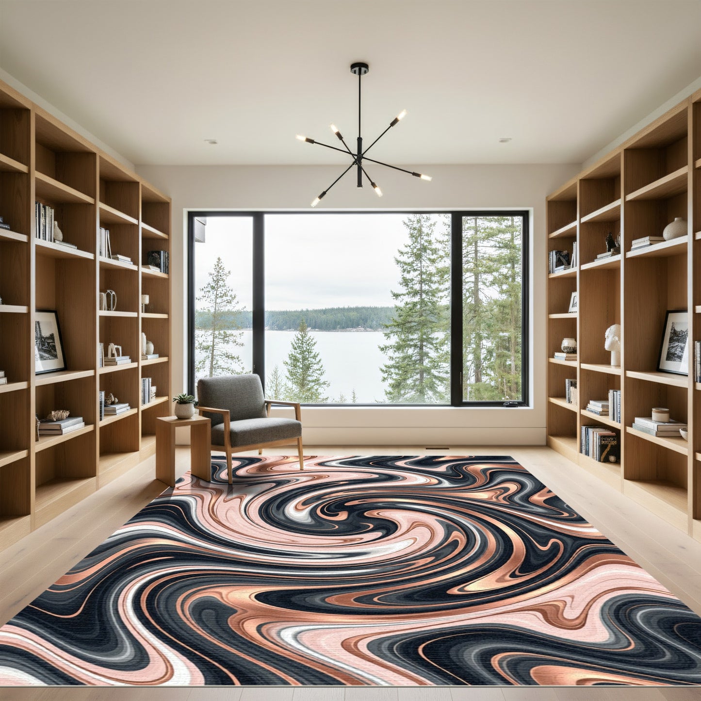 Abstract Swirl Rose Gold Black Fluid Rug