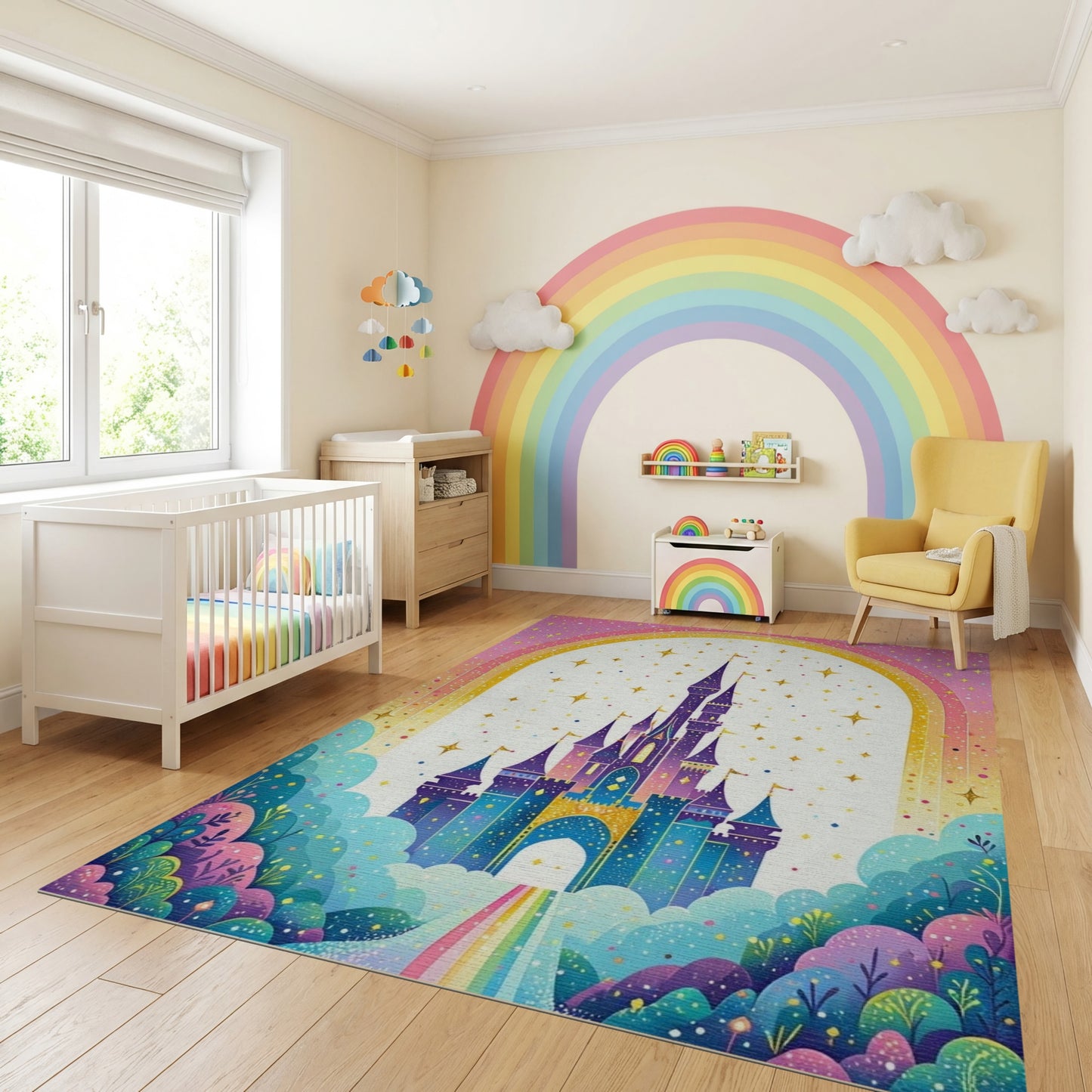Whimsical Castle Rainbow Stars Rug
