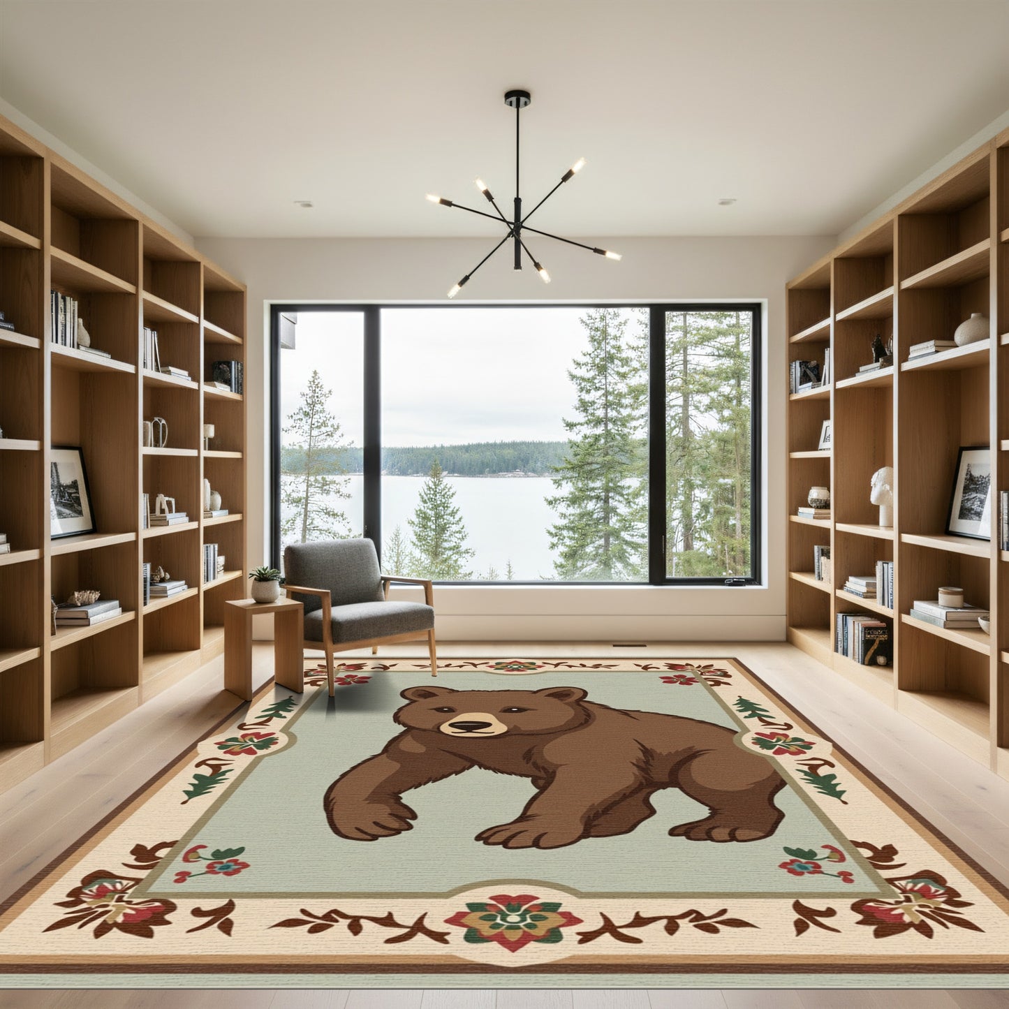 Rustic Brown Bear Floral Border Rug