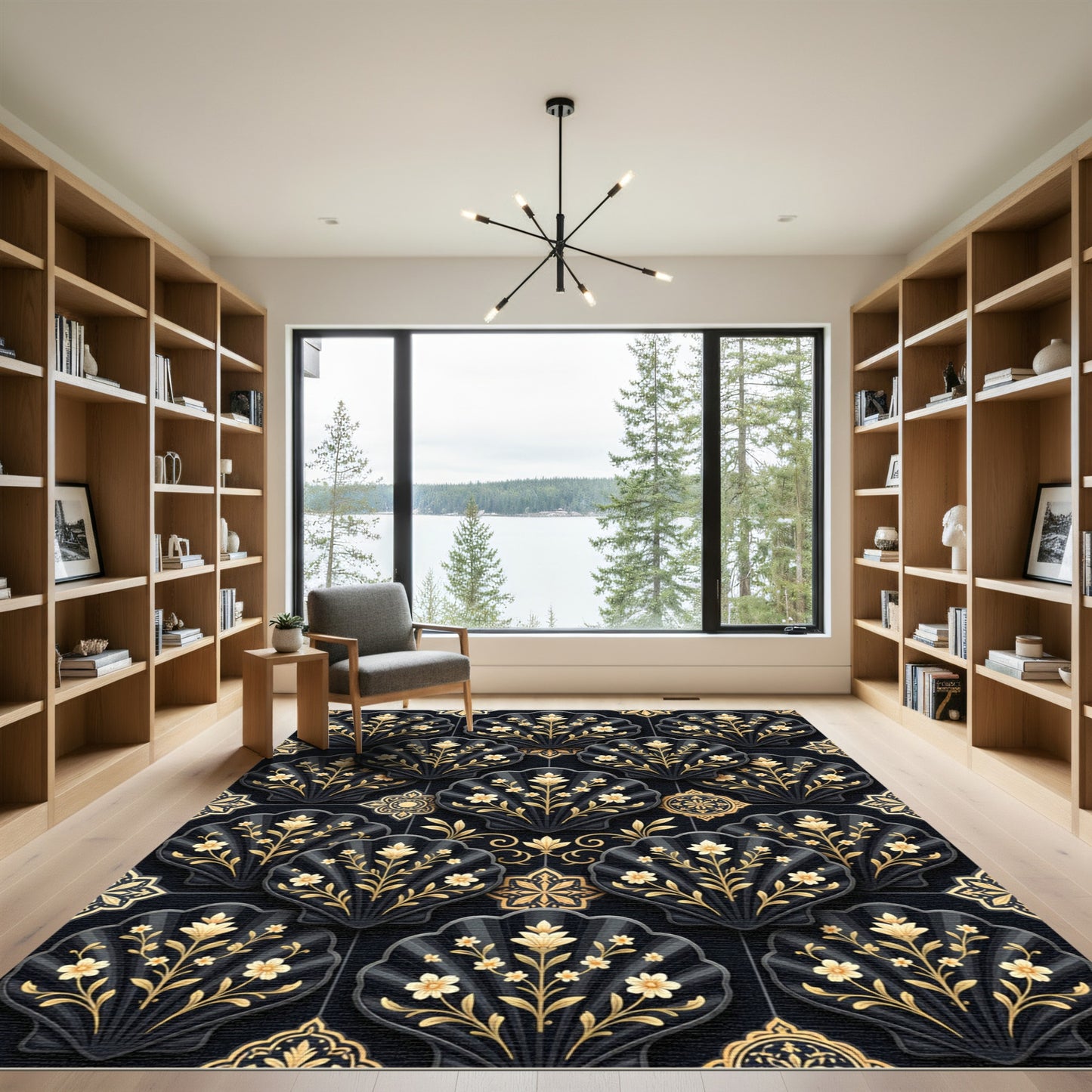 Golden Floral Fan Black Tile Rug