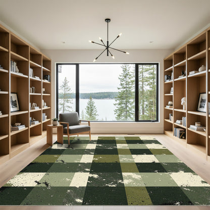 Distressed Camo Plaid Squares Rug