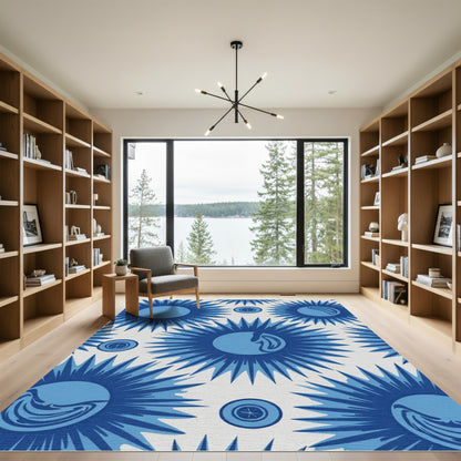 Vibrant Blue Sunburst Medallion Rug