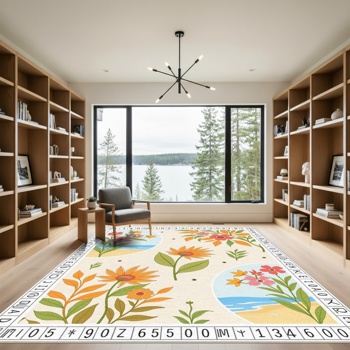 Coral Pink Floral Coastal Scene Rug