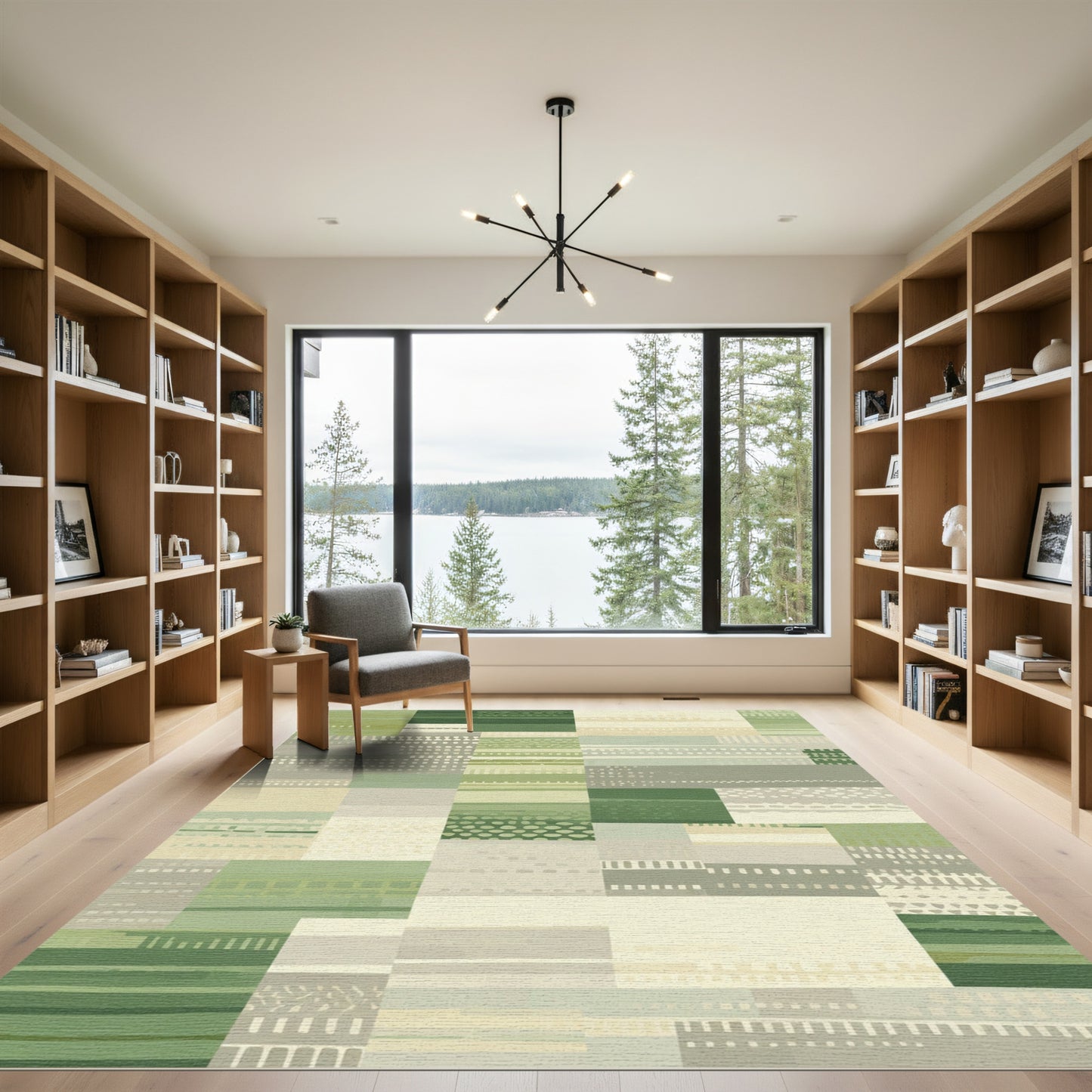 Earthy Green Tonal Patchwork Blocks Rug