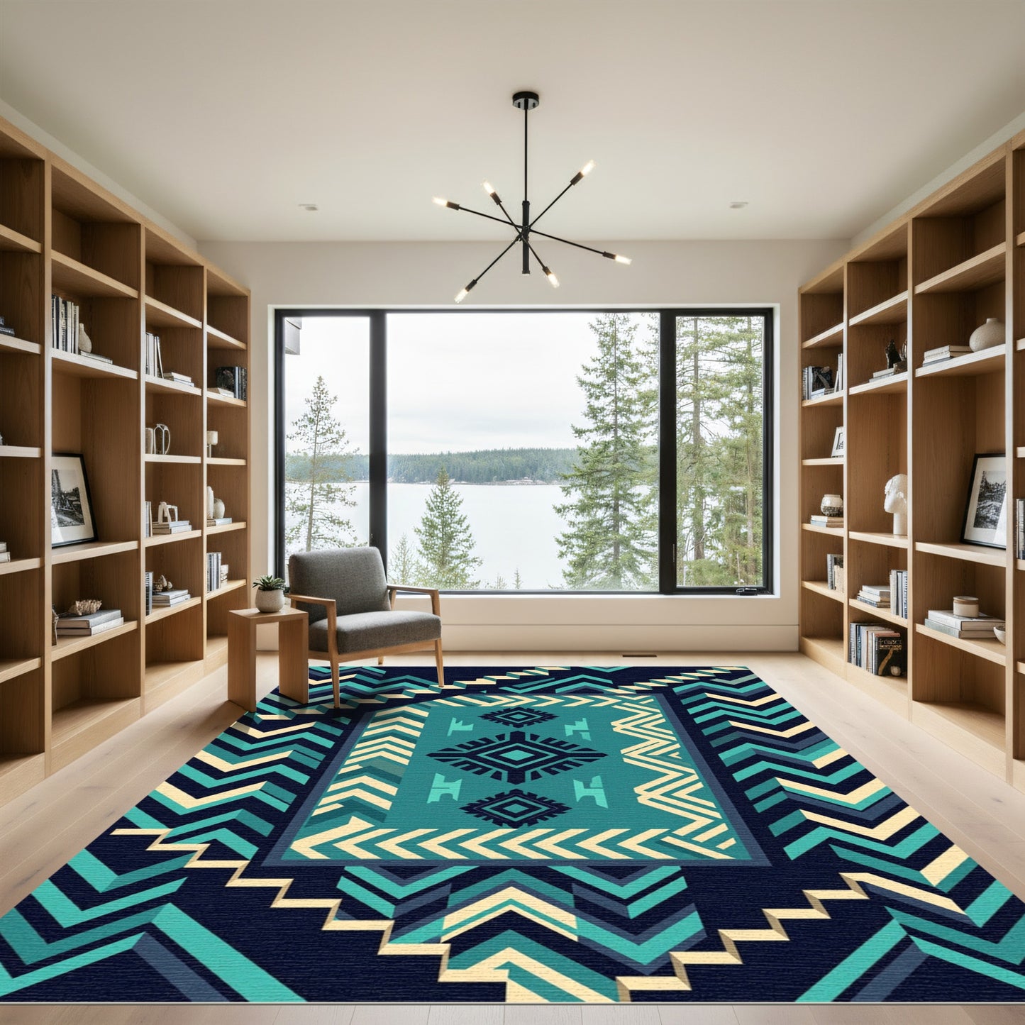 Teal Geometric Chevron Diamond Art Rug