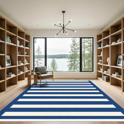 Deep Blue Cream Horizontal Stripe Rug