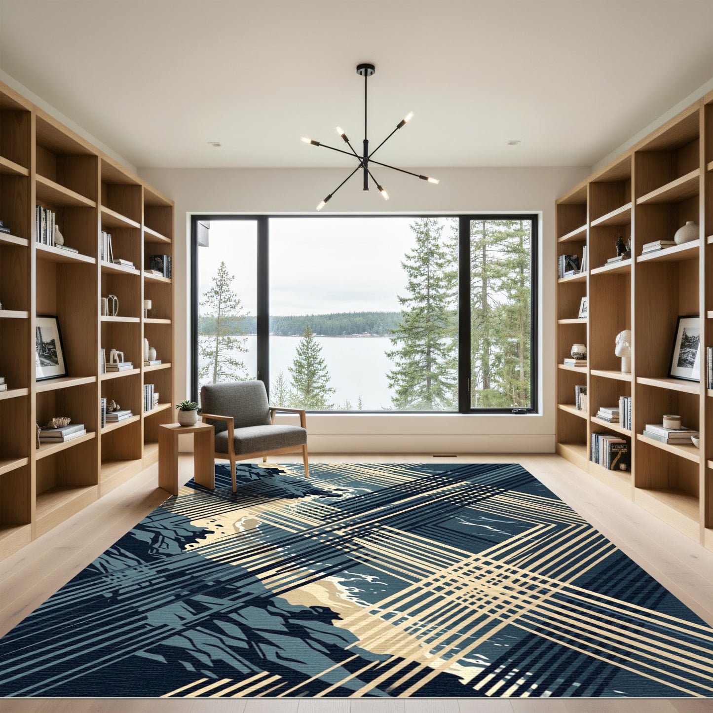 Abstract Navy and Cream Geometric Grid Rug