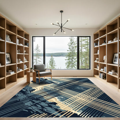 Abstract Navy and Cream Geometric Grid Rug